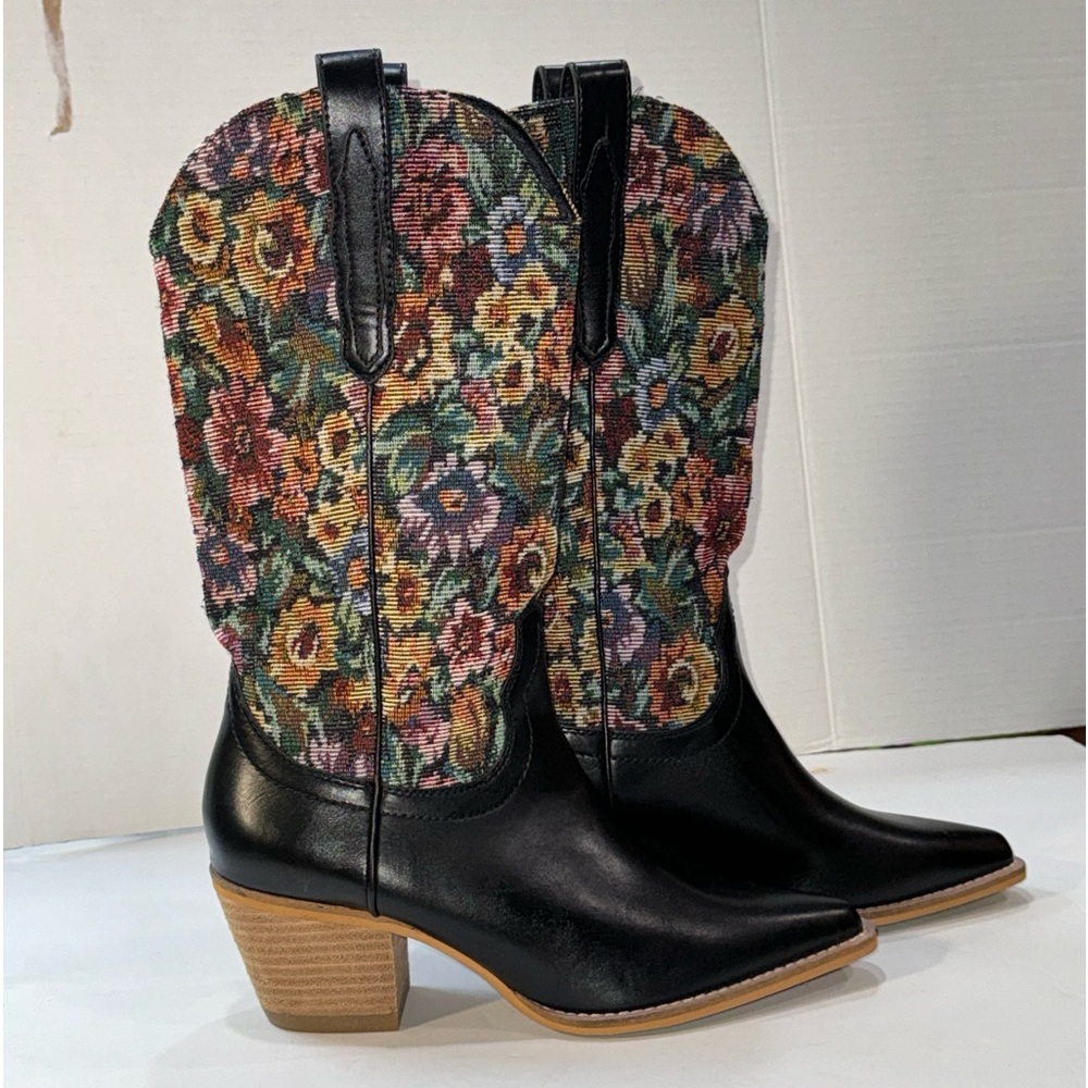 Floral Embroidered Heeled Boots - Black and Multicolor